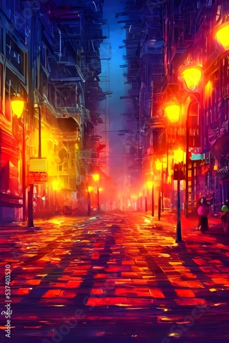 The city street is calm and the colors are soothing. The lights from the streetlights give off a warm glow  making the scene appear even more tranquil.