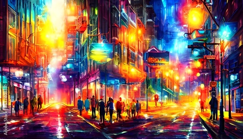 The city street is a calm haven at night, with only the soft light of the streetlamps to guide the way. The colors are muted and serene, creating a sense of peace in the busy world below. © dreamyart