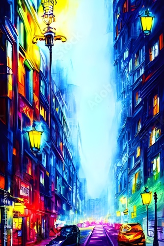 It's nighttime in the city, and the streets are alive with color. The calm streetlights give everything a warm glow.