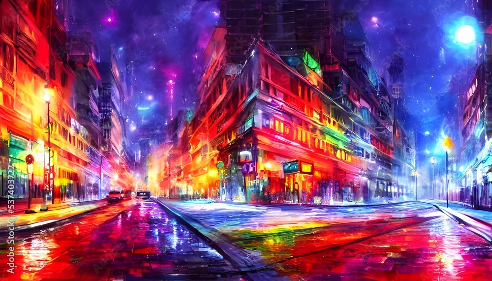 The city street is alive with color and calm. The streetlights cast a warm glow, inviting people to enjoy the night.