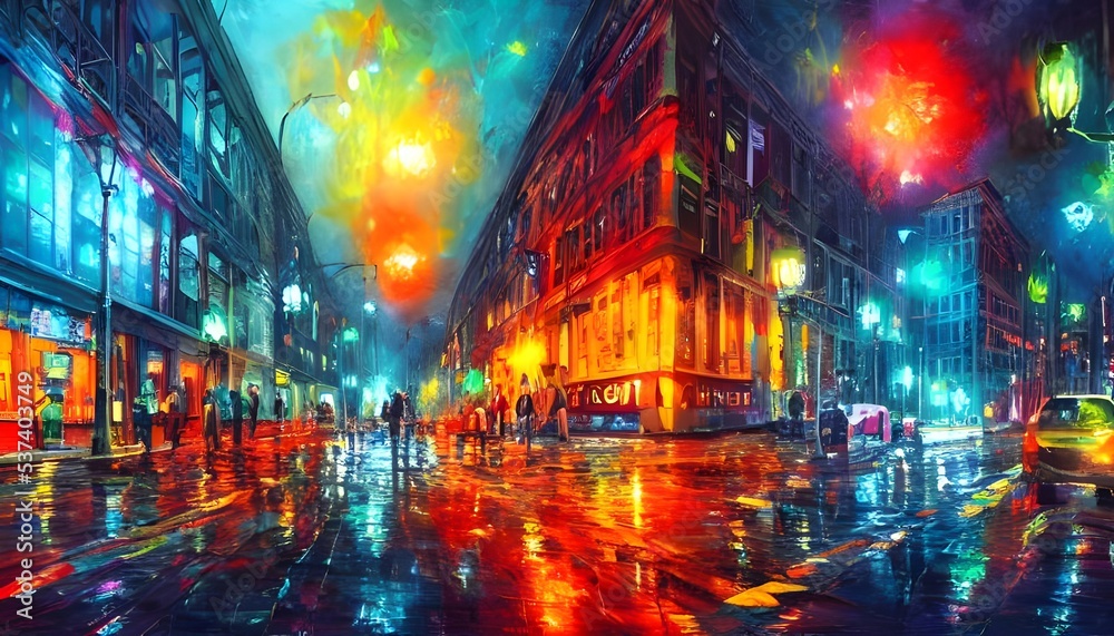 Naklejka premium The night sky is clear and the stars are shining. The streetlights cast a warm, yellow light on the pavement below. The buildings loom tall and foreboding, their windows dark and mysterious. There's a