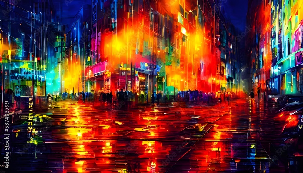 I'm standing in the middle of a city street at night. The air is calm and the only sound comes from nearby cars occasionally driving by. The streetlights cast an eerie, yet colorful glow on the paveme