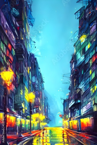 The city street is calm at night, with only the sound of colorful streetlights to fill the air.