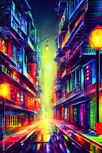 The city street is a calm and colorful place at night. The streetlights illuminate the way and the colors are muted but beautiful.