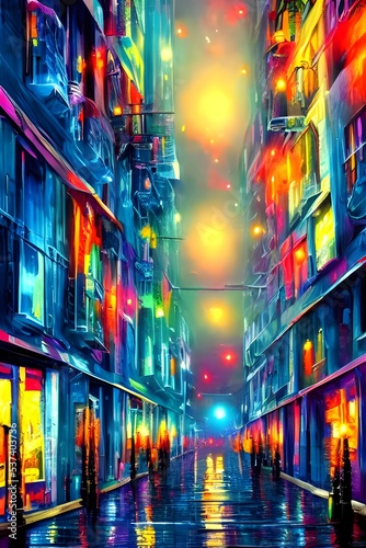 The city street is calm and the streetlights are colorful.