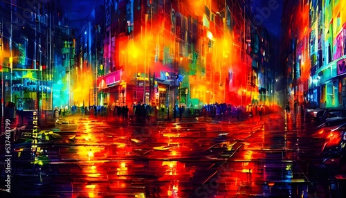 I m standing in the middle of a city street at night. The air is calm and the only sound comes from nearby cars occasionally driving by. The streetlights cast an eerie  yet colorful glow on the paveme