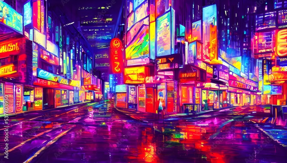 She walks down the city street at night. The neon lights are bright and colorful, reflecting off of the wet pavement.