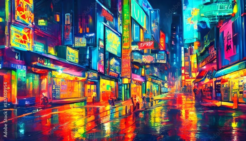 Obraz premium I'm standing on the sidewalk, looking down the city street. It's night time, but the street is brightly lit up by colorful neon lights from all the signs and buildings.