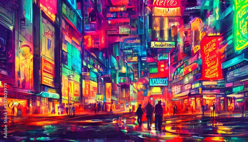 A city street at night, with colorful neon signs.