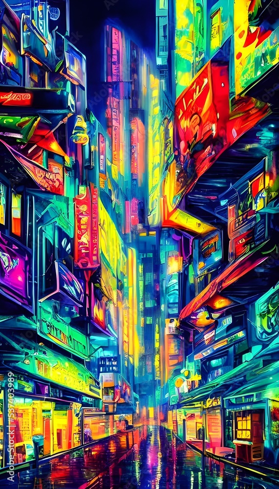 The city street is alive with color at night. Neon signs brighten up the dark streets, and people are out enjoying the evening.