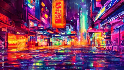 I m standing on a city street at night. The air is thick with the smell of exhaust fumes and alcohol. Bright  colorful neon lights illuminate the way ahead of me  providing an ethereal quality to the 