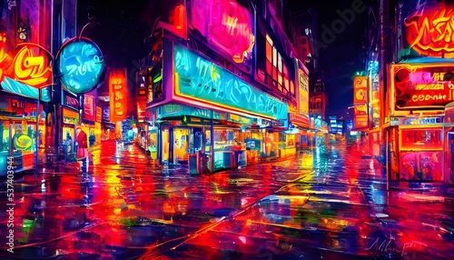 I am walking down the city street at night and I see colorful neon lights. The lights are so bright that they almost hurt my eyes. I keepwalking until I come to a stop light.