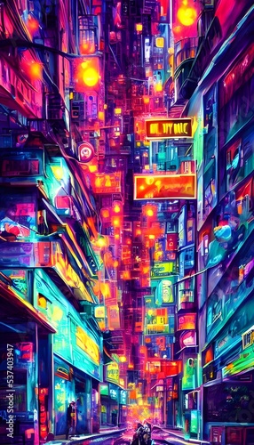 I'm walking down the city street at night and all around me are these colorful neon lights. They're so bright that they almost hurt my eyes, but I can't look away because they're just so pretty.