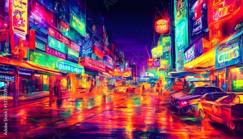 People are walking up and down the city street at night. The neon lights from the buildings and advertisements cast a colorful glow on everything. © dreamyart