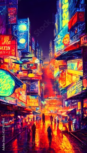The city street is alive with color at night. Neon lights flash and beckon passersby into businesses and down alleyways. The air is thick with the smell ofsomething sweet, frying oil, and garbage. Mus