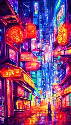 I am standing on a city street at night. The air is cool and the pavement is wet from earlier rain. I'm surrounded by tall buildings, their windows lit up with colorful neon signs.