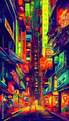 I'm walking down the city street at night and I see all of the colorful neon lights.