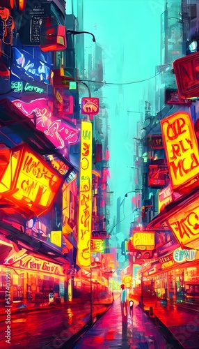 The city street is alive with color at night. The neon signs reflect off the wet pavement, creating a dazzling light show.