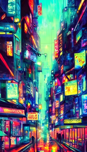 City street night is colorful and full of neon lights. The colors are so bright that they almost hurt your eyes. You can hear the sound of people walking and car horns honking in the distance.