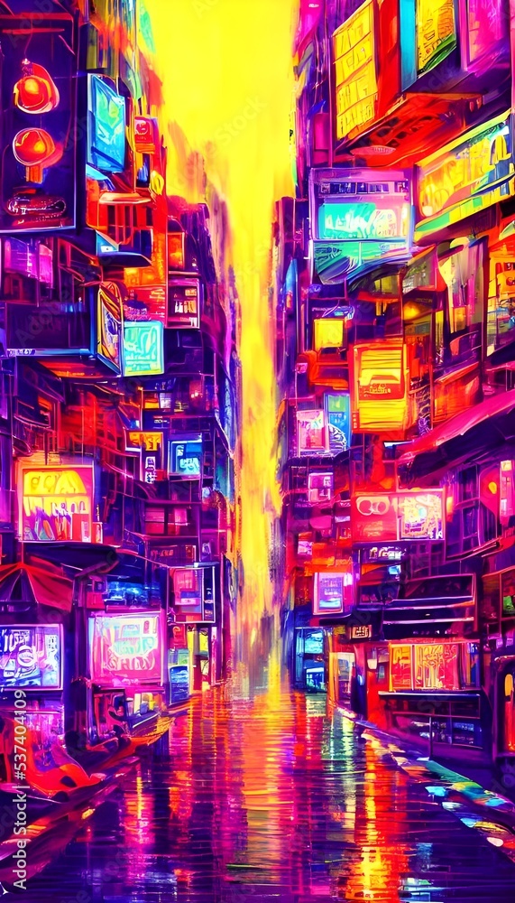 Obraz premium The city street is alive with color, the neon lights painting a picture of artificial beauty.