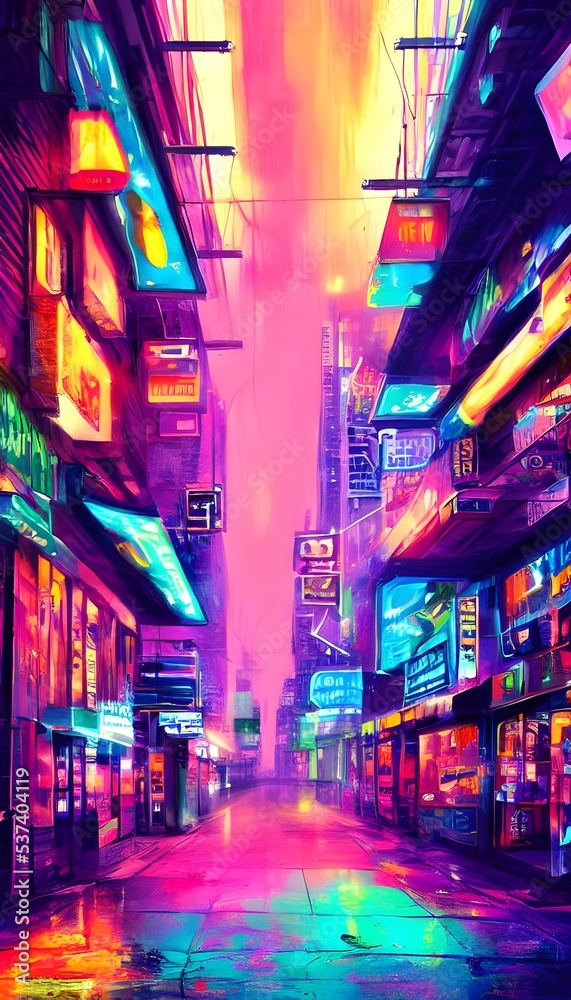 A city street at night with colorful neon lights from store signs and advertisements.