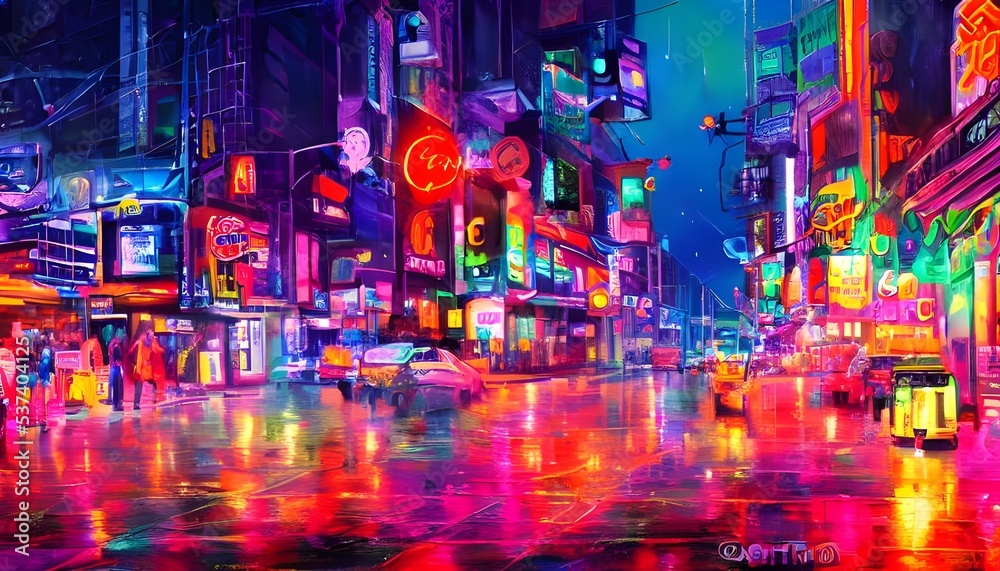 Fototapeta premium The city street is bustling with people and the air is electric with excitement. The bright neon lights reflect off of the wet pavement, creating a colorful display.