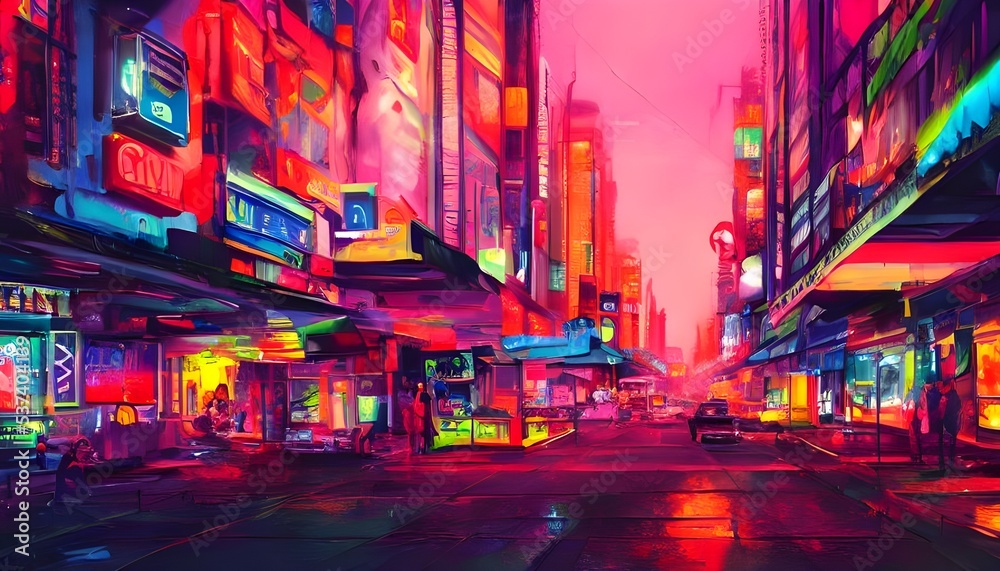 The city street is bustling with people and the air is thick with the smell of hot dogs and pretzels. The neon lights from all the storefronts reflect off of the wet pavement, creating a pool of light