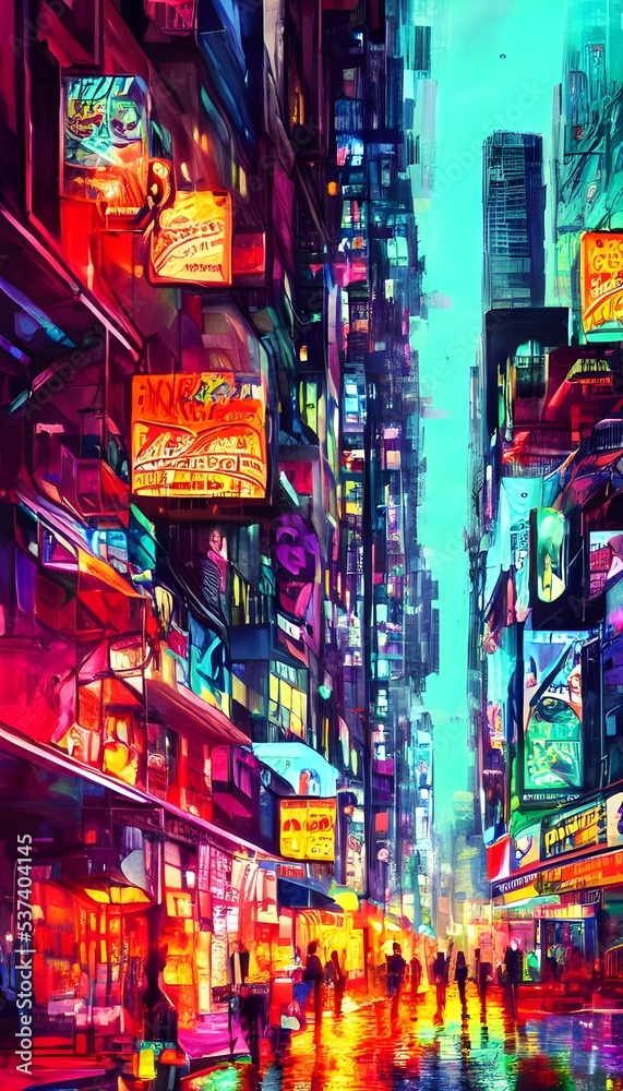 Fototapeta premium The city street is alive with color at night. The neon signs reflect off the wet pavement, casting a glow on everything around them.