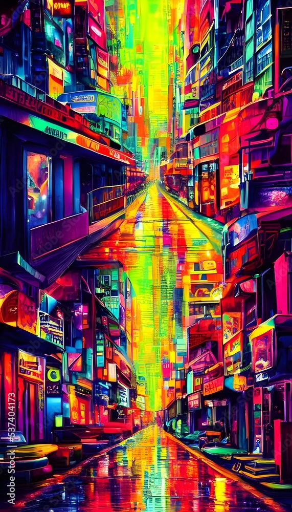 The city street is alive with color from the neon lights. They seem to pulse and dance in the night sky, a beacon of life in the dark hours. The reflections off the wet pavement give them an extra lay