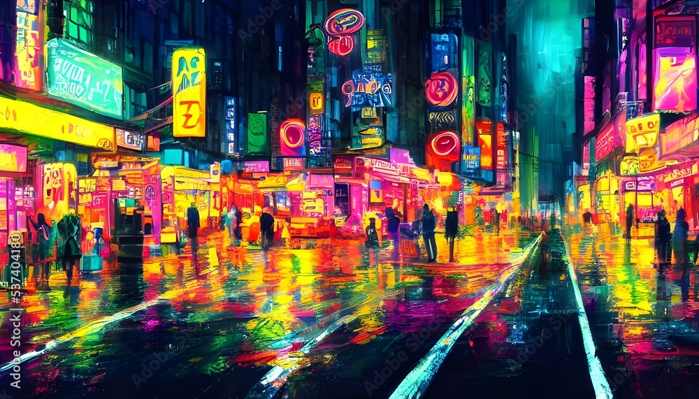 In the city, at nightfall, the streets are alive with color. The neon signs light up the way, and people are out and about enjoying the evening.