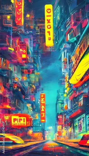 I am looking at a city street at night. The colors are very bright and neon.