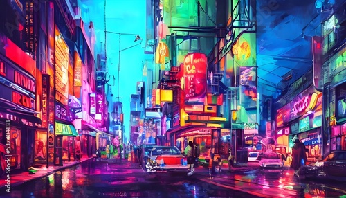 I'm walking down the city street at night and there are colorful neon lights everywhere. They're so pretty to look at.