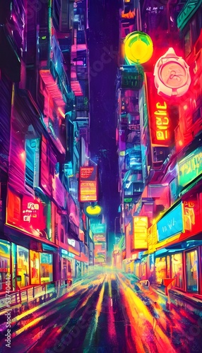 A city street at night is alive with color. Signs and lights in every hue illuminate the way, drawing attention to businesses and locations all around. © dreamyart