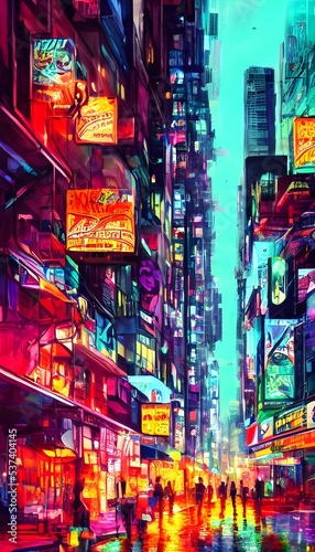 The city street is alive with color at night. The neon signs reflect off the wet pavement, casting a glow on everything around them. © dreamyart