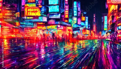 The city streets are a familiar sight  but at night they look different. The colors of the neon signs are more pronounced and seem to dominate everything else.