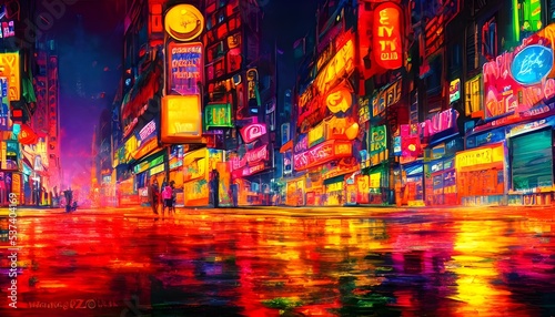 I'm walking down the city street at night and everything is alive with color. The neon lights of the buildings and signs reflect off the wet pavement, creating a bright rainbow of colors.