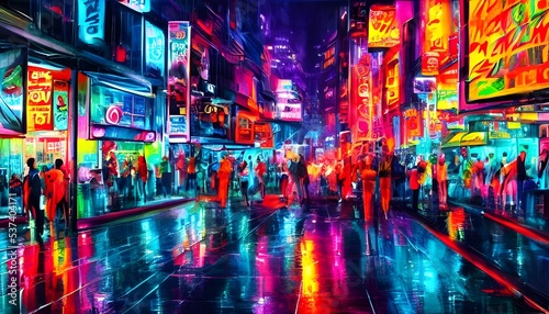 It's a city street at night and it's full of color from the neon lights.