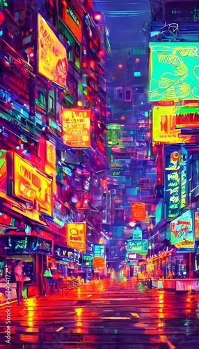 It's nighttime and the city is alive with colorful neon lights. They illuminate the streets, providing a dazzling display against the darkness of night.