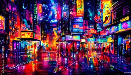 The city street is alive with color at night. The neon signs illuminate the way  and the buildings are hazy in the distance.