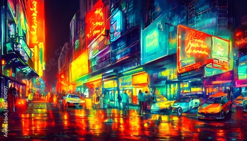 The city street is alive with color at night. The neon signs light up the way  and the people move about in a lively fashion.