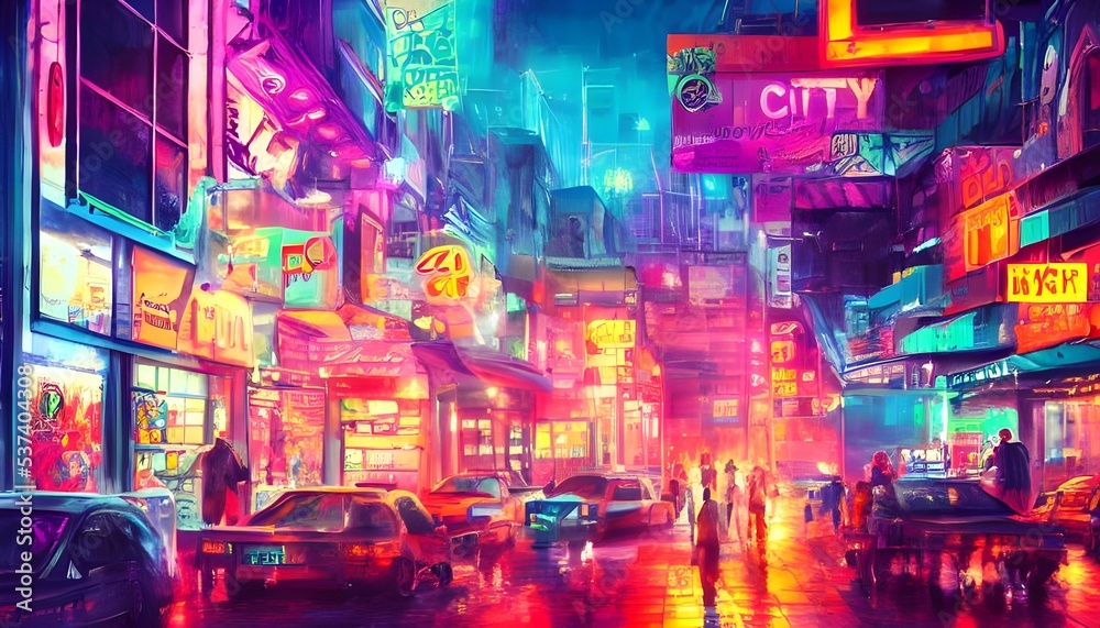 The photo is of a busy city street at night. The sidewalks are full of people and the storefronts are brightly lit with colorful neon signs.
