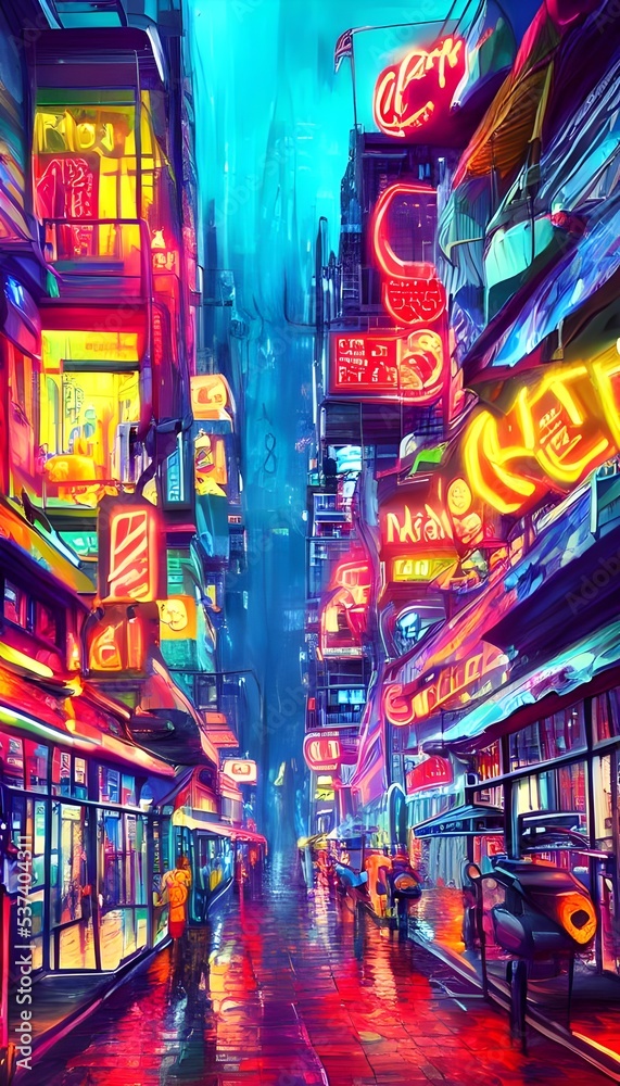 The city street is alive with color from the neon signs. The night air is electric with energy and possibility.
