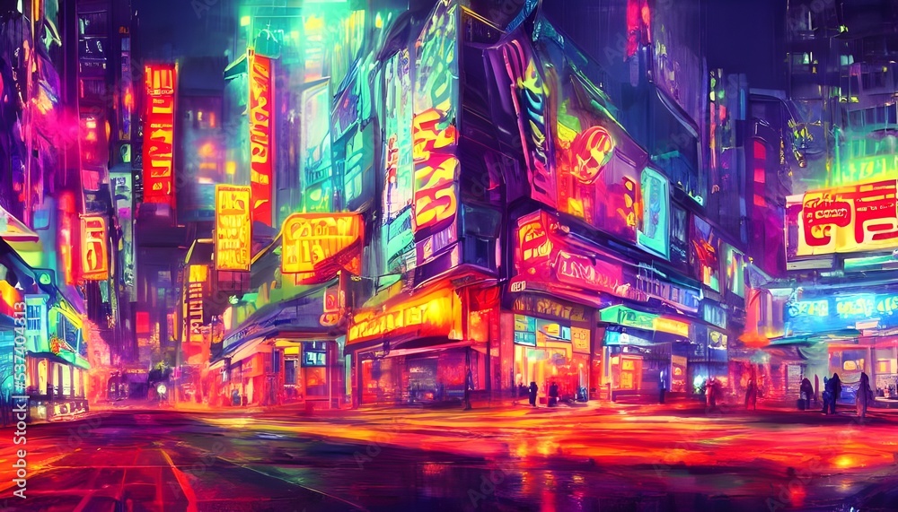 The buildings tower over the street, their windows glowing with colorful neon light. The pavement is wet from a recent rain, and the air smells faintly of exhaust fumes. Music drifts out from open doo