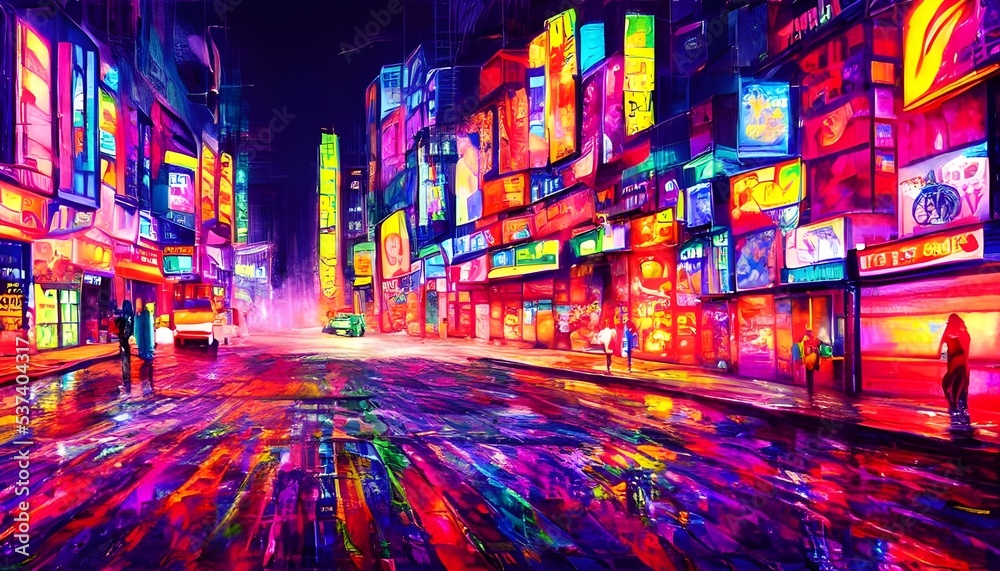 The city street is busy at night with colorful neon lights.