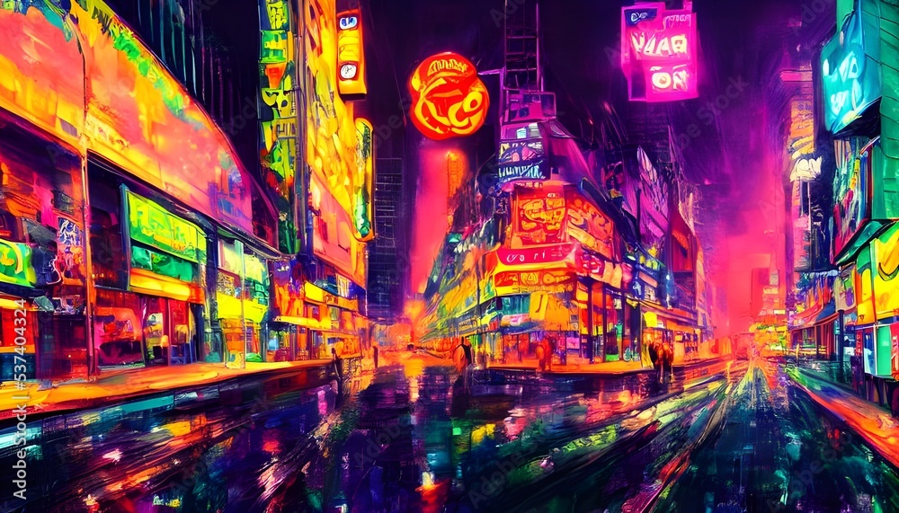 The city street is dark, but it's lit up by colorful neon lights. The buildings are tall and close together, and there are people walking on the sidewalks. Cars are driving down the road, their headli