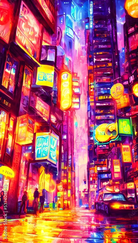 Obraz premium I'm standing on a city street at night. The air is thick with the smell of exhaust fumes and salt from the nearby ocean. The pavement is wet from recent rain, reflecting the colorful neon lights of th