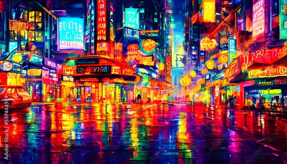 The city street at night is alive with color. Neon signs in every hue ...