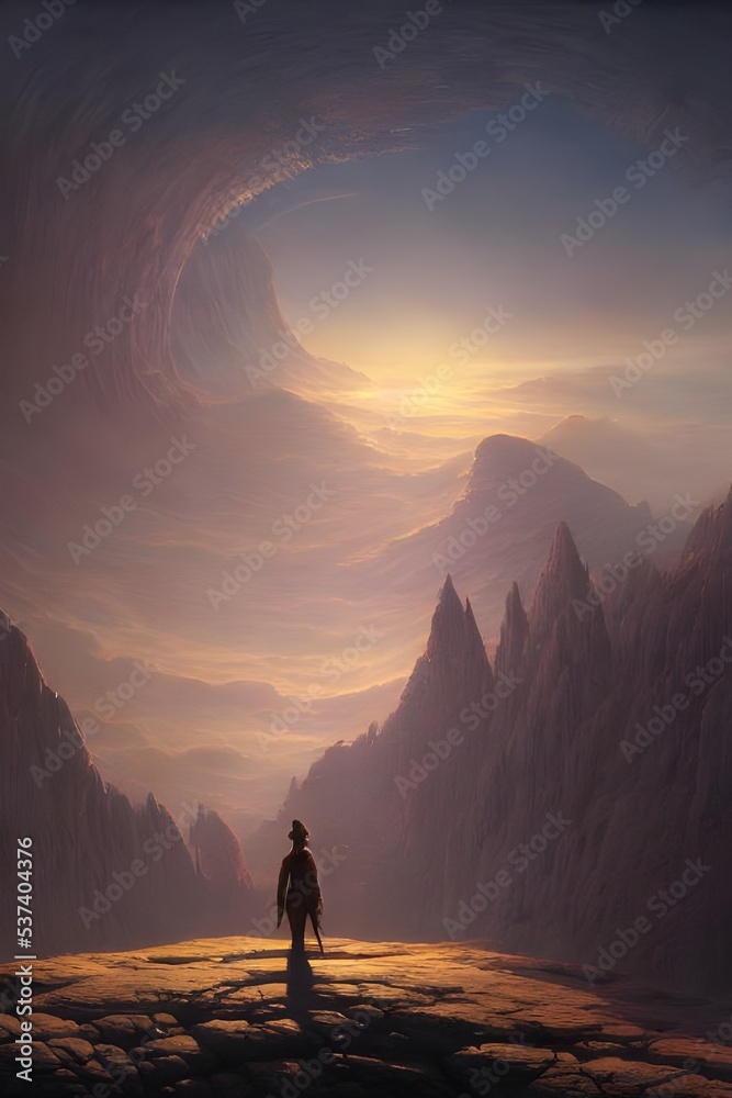 A lone figure is standing on an alien landscape. They are surrounded by a vast, empty expanse.