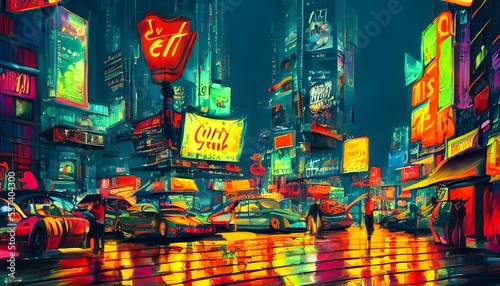 The city street is alive with color tonight. Neon lights of every hue paint the pavement and buildings in a electric display. Cars zip by, their headlights adding to the brightness of the scene.