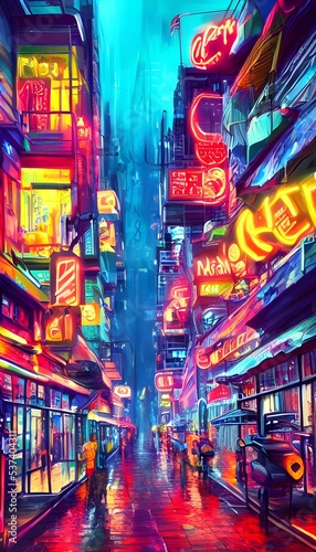 The city street is alive with color from the neon signs. The night air is electric with energy and possibility.